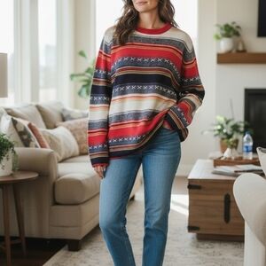 Crazy Horse Womens Large Striped Multicolor Sweater Colorful Aztec Western